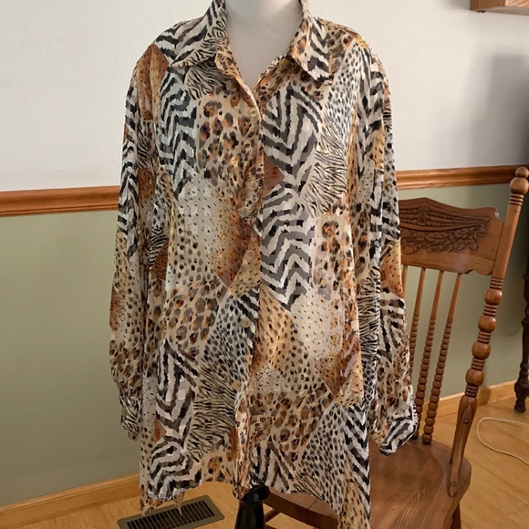 Vintage Mesmerize Sheer Animal Print Button Down Tunic 3X - Picture 1 of 7